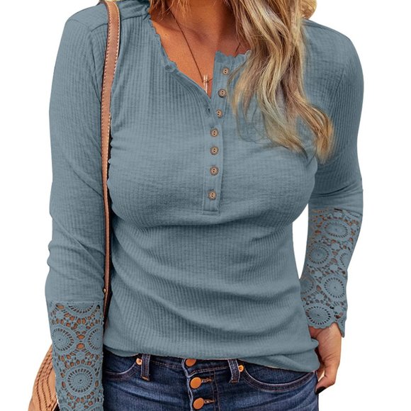 Unbranded Tops - Blue Crochet Lace Hem Sleeve Button Top